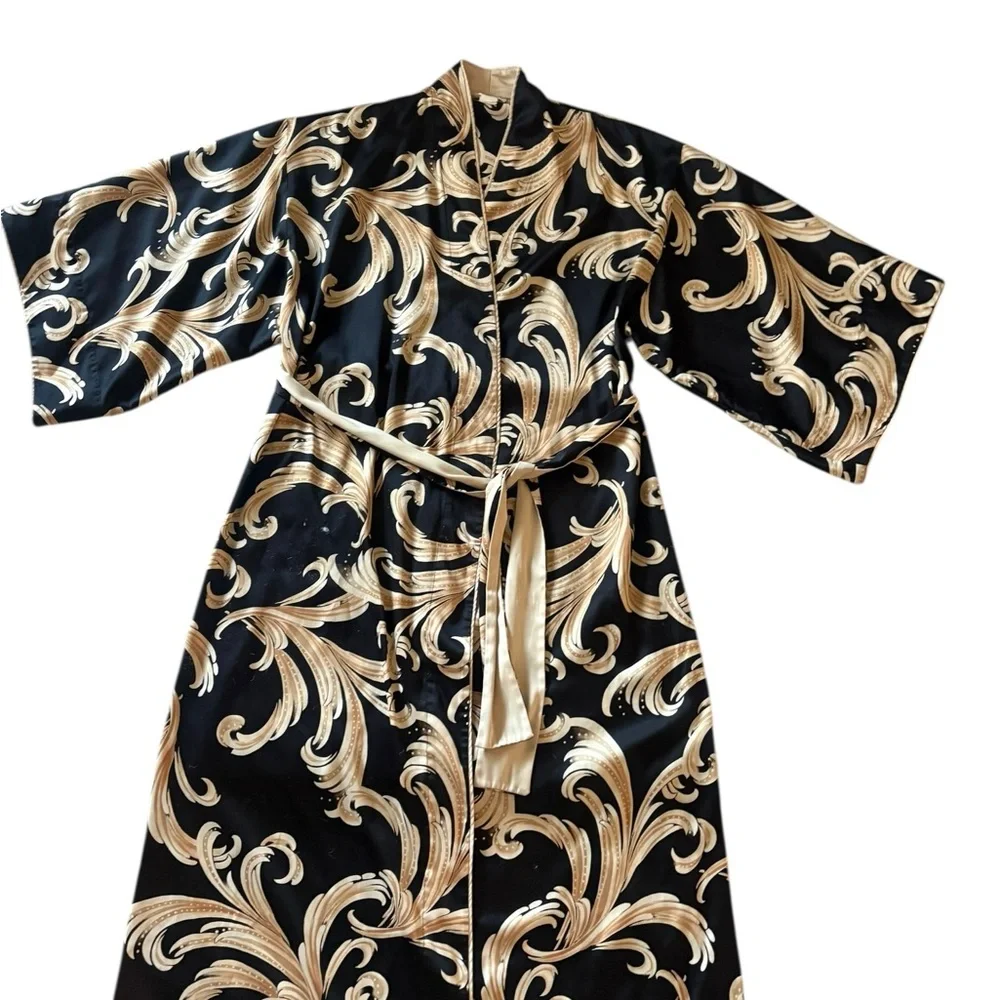 Natori Classics Belted Black & Gold Baroque Print Kimono Maxi Robe / Dress - Picture 10 of 10